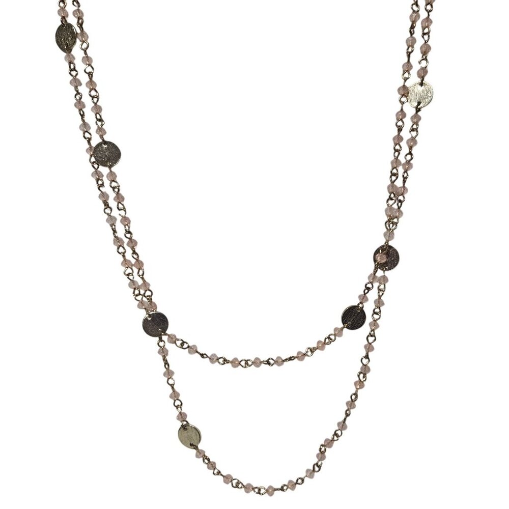 Elegant Beaded Gold Tone Necklace Pink Crystal Accent Coin Charm Fashion Jewelry